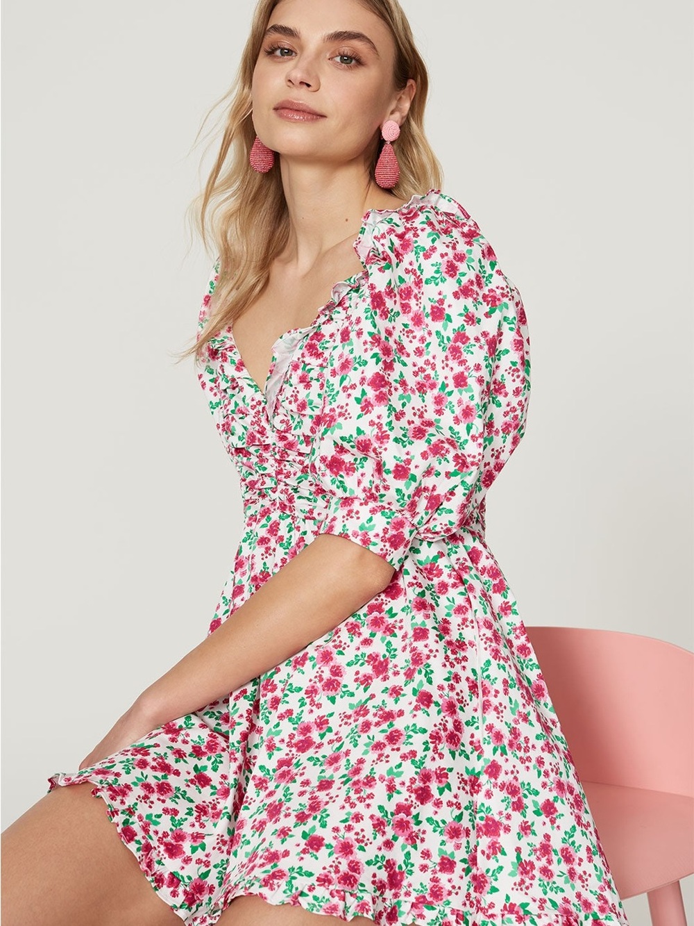 For Love & Lemons Pink & Green Floral Ruffle-Trim Mini Dress